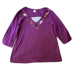 Indigo Soul Womens Halloween Tunic Top M Purple Asymmetrical 3/4 Sleeves Cat